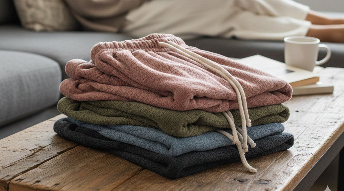 Stacked colorful wholesale fleece shorts on a table.