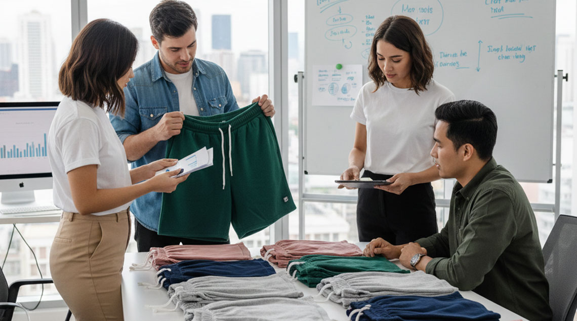 Folded blank fleece shorts in various colors on a rustic table