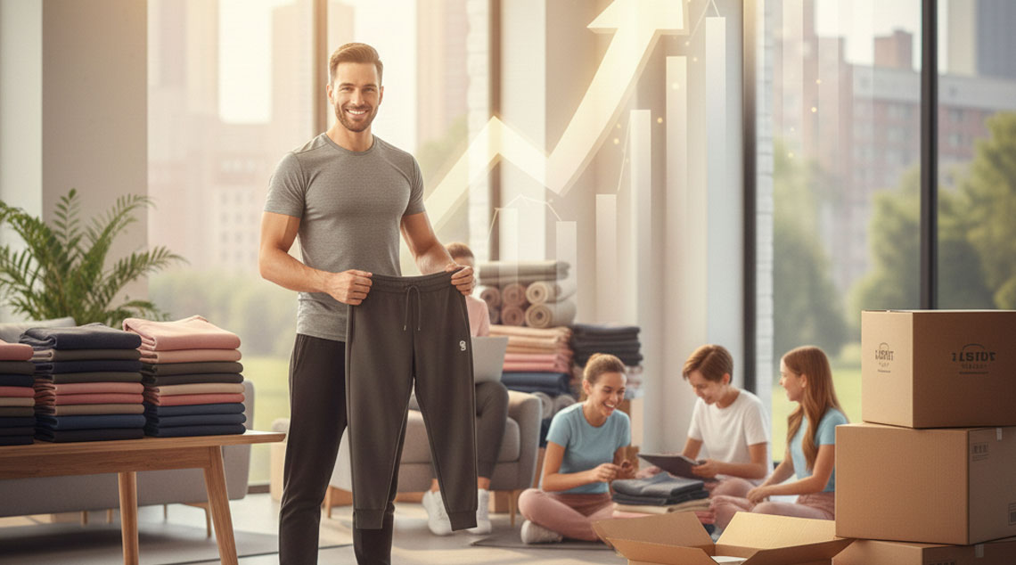 Stacks of folded jogger pants in various colors on wooden tables in a bright wholesale warehouse.