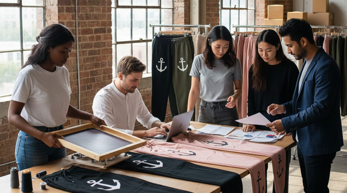 A person standing in a bright shipping room filled with many large boxes, holding a tablet and checking a list of orders.