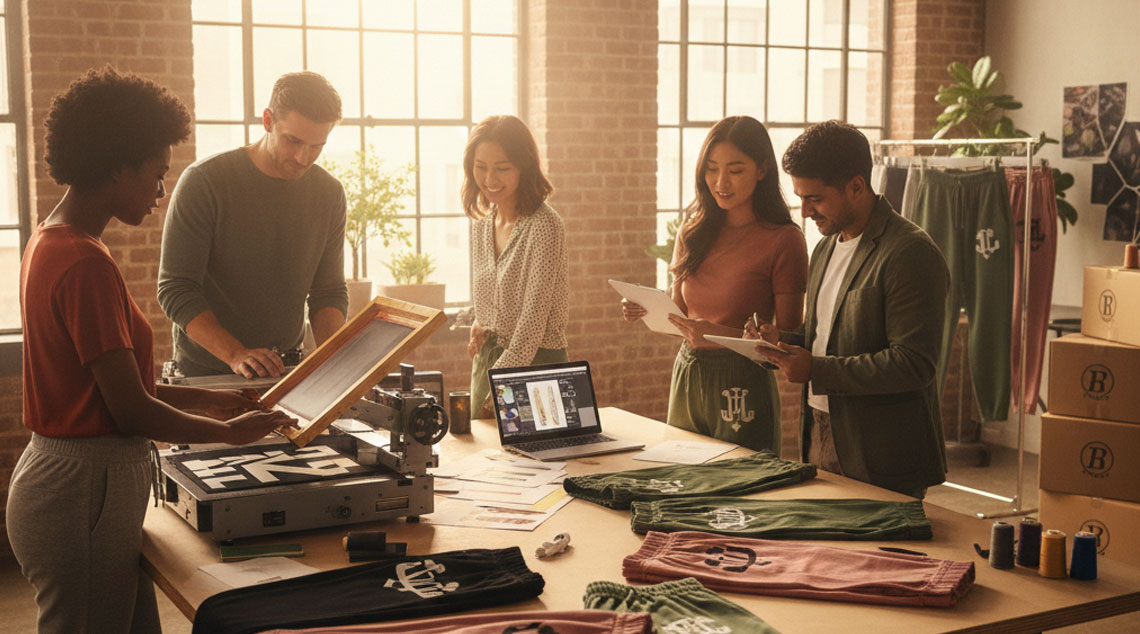 A flat lay display of various blank jogger pants in neutral colors, styled with sneakers, a watch, and sunglasses on a clean surface