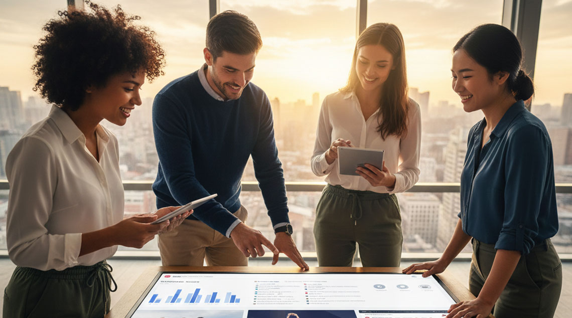 A hand holding a smartphone displaying a social media feed with professional photos of jogger pants, highlighting online marketing