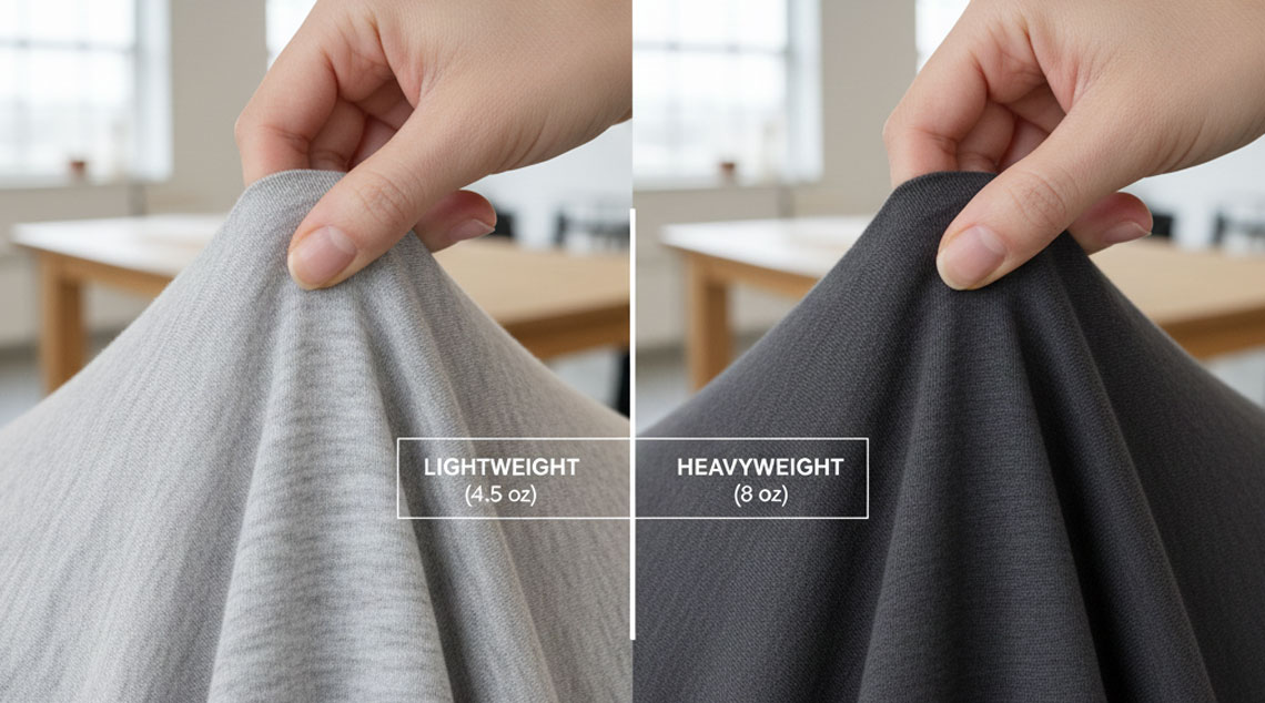 Hand feeling the weight of a soft jersey shirt